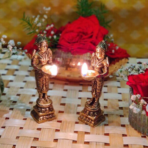 Brass Candle Holder on Elephant Trunk Pair Set Fengsui Vastu Hathi for Good Luck Success Prosperity Home Decor Marriage House Warming Gift Antique Multicolor Stone Work Height 8 Inch - Image 3