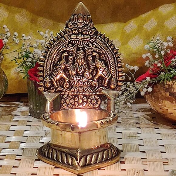 Oil Lamp Pooja Diya Brass Light Puja Decorations Mandir Decoration Items Handmade Home Backdrop Decor Lamps Made in India Decorative Sri Kamachi Amman Vilaku Kamakshi Vilakku - Golden - Image 3