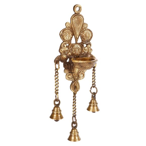 Brass Diya with Three Hanging Bells on Chain Designer Wall Diya Home Office Decor Deepak Decorative Deepam Showpiece Gifts in Gold Color Height 10 Inch - Image 3