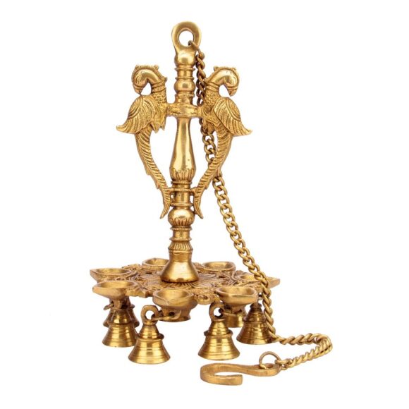 Brass Peacock Design Wall Hanging Diya with Chain and Bells (Gold_7 Inch X 7 Inch X 12.5 Inch), Antique Gold, Standard (MNPEACHAINKEHU) - Image 3