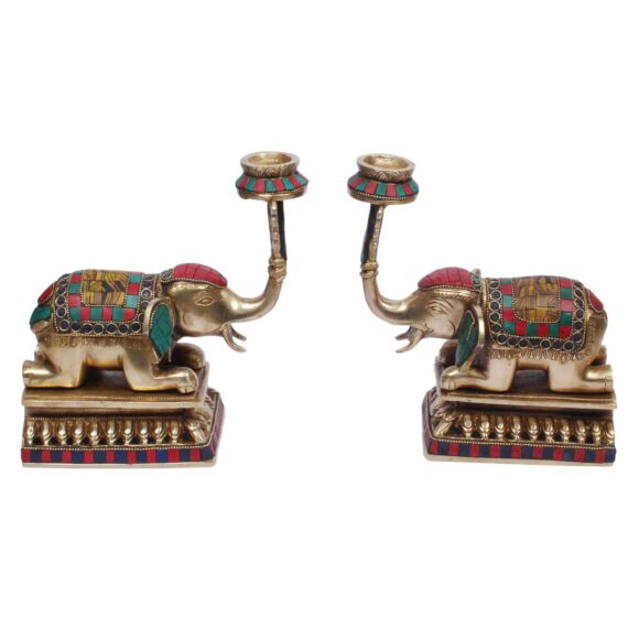 Brass Candle Holder on Elephant Trunk Pair Set Fengsui Vastu Hathi for Good Luck Success Prosperity Home Decor Marriage House Warming Gift Antique Multicolor Stone Work Height 8 Inch - Image 3