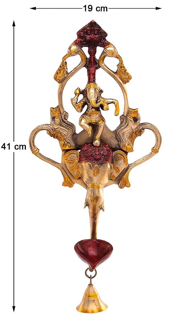 Brass Ganesh Idol Wall Hanging Diya with Bell Ganesha Statue Ganpati Murti for Home Entrance Decor Temple Pooja Deepam Diwali Wedding Gift - Image 4