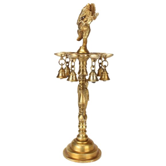 16 Inches Large Brass Ganesha Diya with Bells for Puja Room | Dancing Oil Bell Lamp Stand Table Deepak Showpiece Home Decor - Image 4