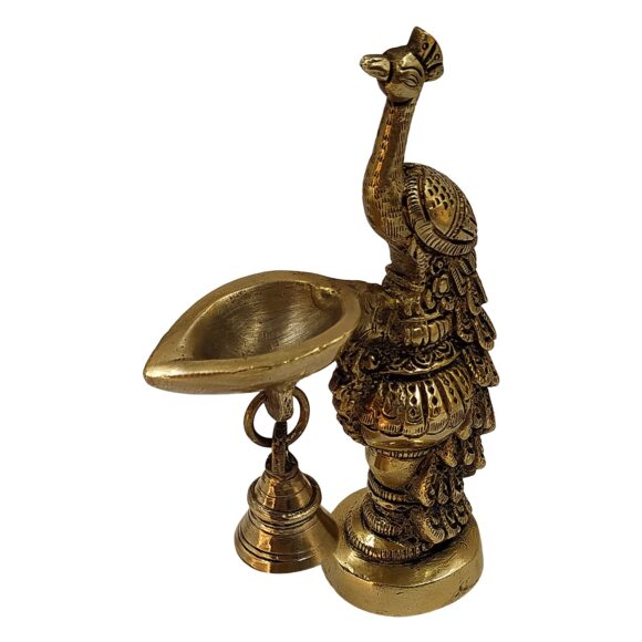 Brass Peacock Decorative Diya with Traditional Bell Antique Deepak Design Table Decor with Stand for Home Diwali Gift Temple Pooja Gold Color Height 6.5 Inch Set of Two - Image 4