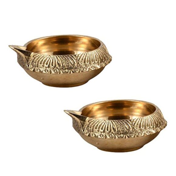 (Set of 10) Indian Puja Brass Oil Lamp - Golden Diya Lamp Engraved Design Dia - 2.5 Inch - Image 4