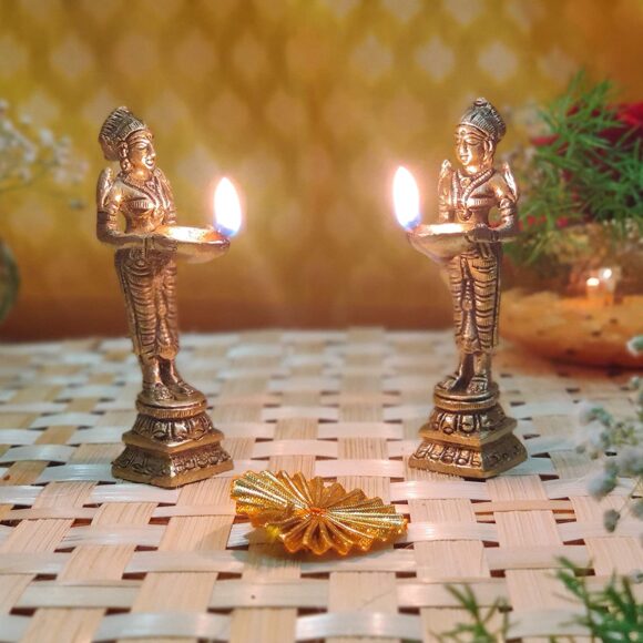 Brass Candle Holder on Elephant Trunk Pair Set Fengsui Vastu Hathi for Good Luck Success Prosperity Home Decor Marriage House Warming Gift Antique Multicolor Stone Work Height 8 Inch - Image 4