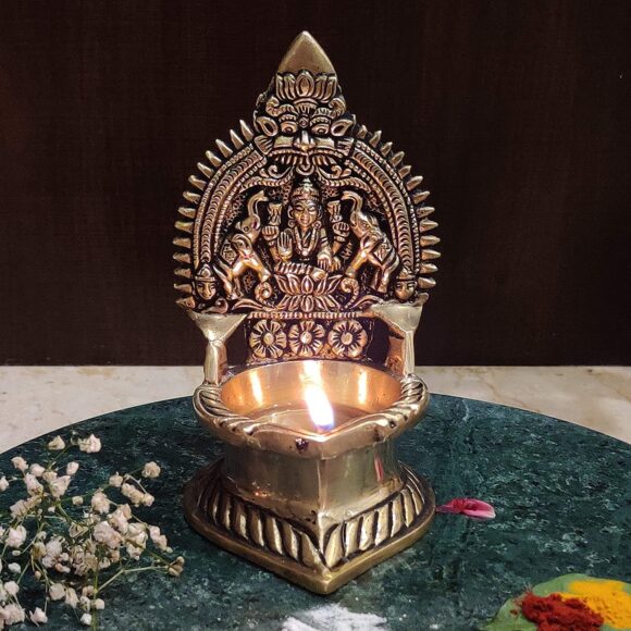 Oil Lamp Pooja Diya Brass Light Puja Decorations Mandir Decoration Items Handmade Home Backdrop Decor Lamps Made in India Decorative Sri Kamachi Amman Vilaku Kamakshi Vilakku - Golden - Image 4