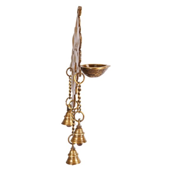 Brass Diya with Three Hanging Bells on Chain Designer Wall Diya Home Office Decor Deepak Decorative Deepam Showpiece Gifts in Gold Color Height 10 Inch - Image 4
