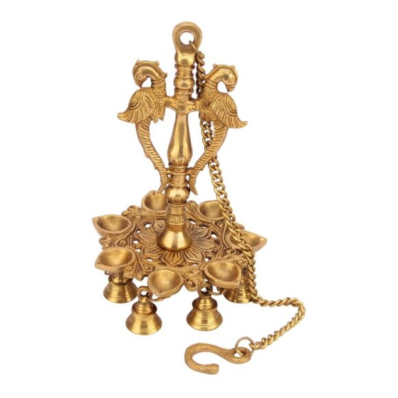 Brass Peacock Design Wall Hanging Diya with Chain and Bells (Gold_7 Inch X 7 Inch X 12.5 Inch), Antique Gold, Standard (MNPEACHAINKEHU) - Image 4