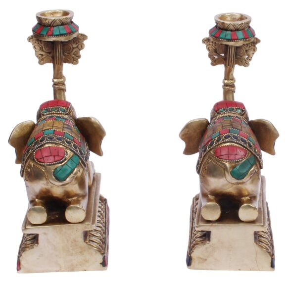 Brass Candle Holder on Elephant Trunk Pair Set Fengsui Vastu Hathi for Good Luck Success Prosperity Home Decor Marriage House Warming Gift Antique Multicolor Stone Work Height 8 Inch - Image 5