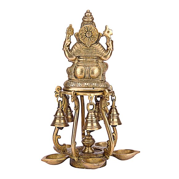 Brass Ganesh Idol with Set of Five Diya and Bells Table Stand Ganesha Statue Ganpati Murti for Home Entrance Decor Gift Diwali Pooja Deepam - Image 3