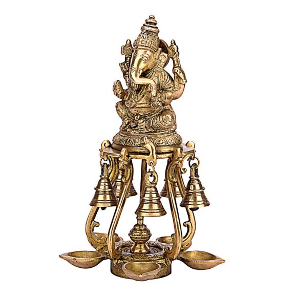 Brass Ganesh Idol with Set of Five Diya and Bells Table Stand Ganesha Statue Ganpati Murti for Home Entrance Decor Gift Diwali Pooja Deepam - Image 4