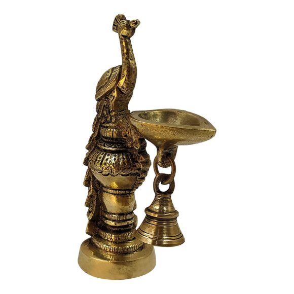 Brass Peacock Decorative Diya with Traditional Bell Antique Deepak Design Table Decor with Stand for Home Diwali Gift Temple Pooja Gold Color Height 6.5 Inch Set of Two - Image 5
