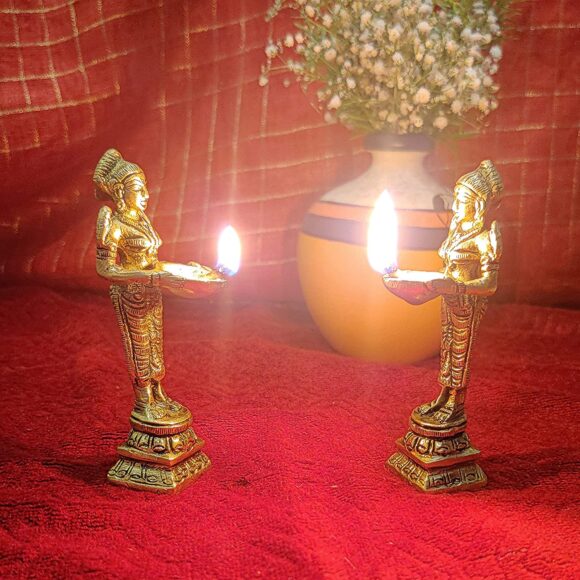 Brass Candle Holder on Elephant Trunk Pair Set Fengsui Vastu Hathi for Good Luck Success Prosperity Home Decor Marriage House Warming Gift Antique Multicolor Stone Work Height 8 Inch - Image 5