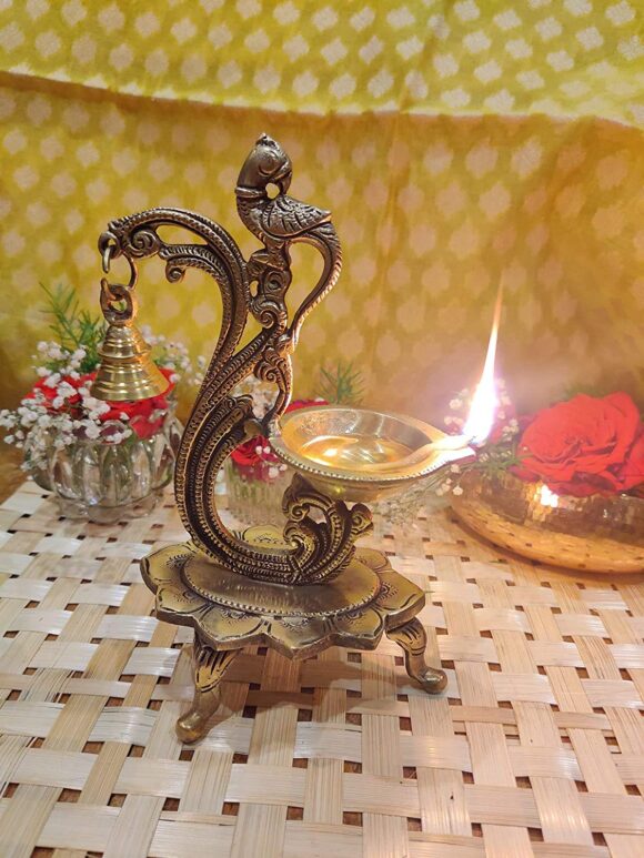 Brass Oil Lamp Indian Puja Diya Deepak Mandir Decoration Items Ethnic Peacock Design Deepam Lamps with Bell for Home Office Temple - Image 5