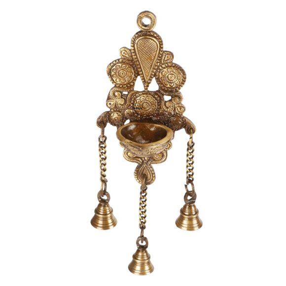 Brass Diya with Three Hanging Bells on Chain Designer Wall Diya Home Office Decor Deepak Decorative Deepam Showpiece Gifts in Gold Color Height 10 Inch - Image 5