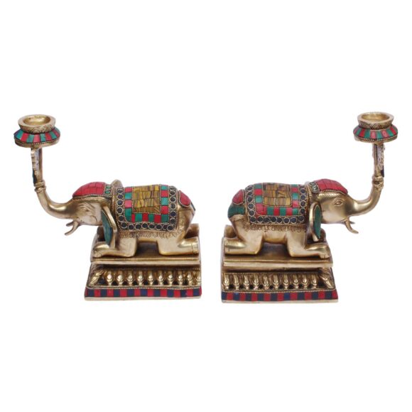 Brass Candle Holder on Elephant Trunk Pair Set Fengsui Vastu Hathi for Good Luck Success Prosperity Home Decor Marriage House Warming Gift Antique Multicolor Stone Work Height 8 Inch - Image 6