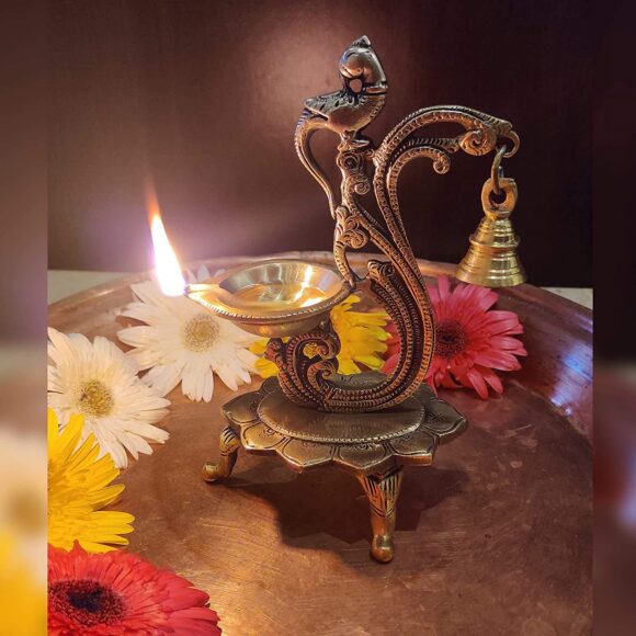 Brass Oil Lamp Indian Puja Diya Deepak Mandir Decoration Items Ethnic Peacock Design Deepam Lamps with Bell for Home Office Temple - Image 6