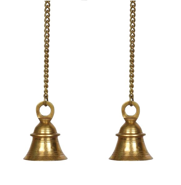 Brass Wall Hanging Bells for Home Mandir Temple Living Room Decoration Pooja Decorative Items Door Ding Dong Puja Bell Air Size 3 x 4 Inch Chain Length 20 Inches Yellow Color