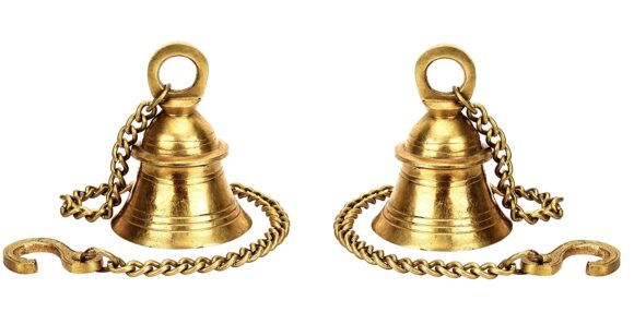 Brass Wall Hanging Bells for Home Mandir Temple Living Room Decoration Pooja Decorative Items Door Ding Dong Puja Bell Air Size 3 x 4 Inch Chain Length 20 Inches Yellow Color - Image 3