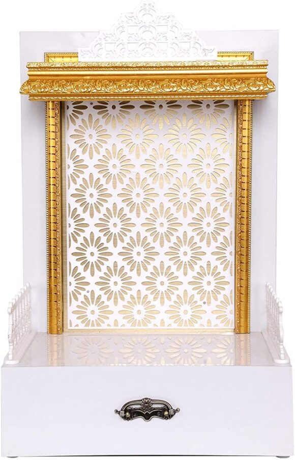 Wood-Plastic Composites (WPC) with PVC Laminated Religious Temple for Home ; Office, White ; Golden, Solid, 12 X 10 X 18 Inch (Small)