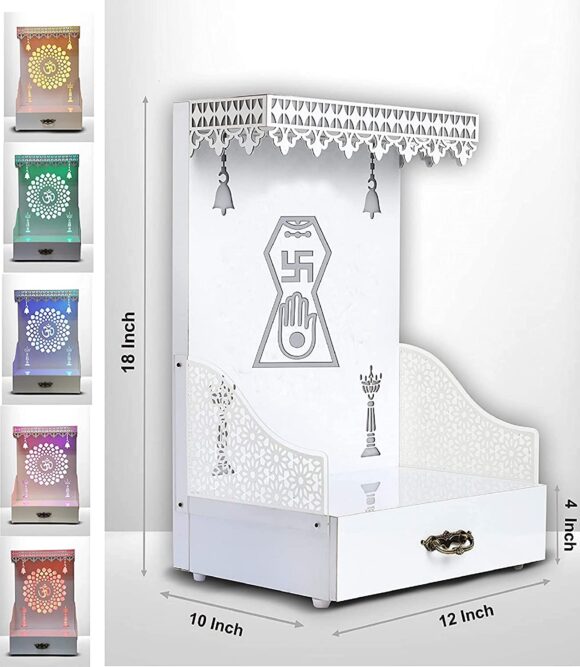 Temple for Home Office with Multi Color LED Light MDF PVC Laminated White Temple Wall Hanging Table Top Home Mandir 18 X 10 X12 in