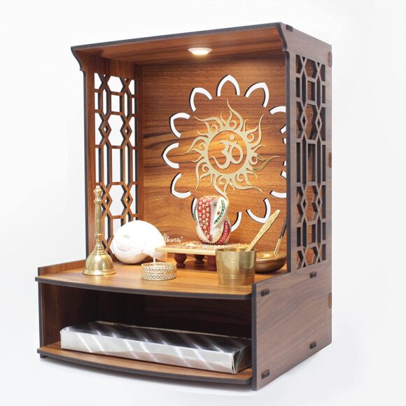 Mangal Beautiful Wooden Pooja Stand for Home/Mandir for Home/Temple for Home and Office/Puja Mandir for Home and Office Wall with LED Spot Light/Product (H- 15.5, L- 11.5, W-11 Inch) - Image 3