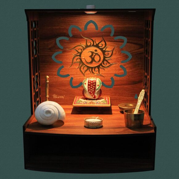 Mangal Beautiful Wooden Pooja Stand for Home/Mandir for Home/Temple for Home and Office/Puja Mandir for Home and Office Wall with LED Spot Light/Product (H- 15.5, L- 11.5, W-11 Inch) - Image 5
