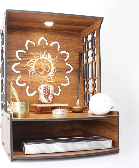 Mangal Beautiful Wooden Pooja Stand for Home/Mandir for Home/Temple for Home and Office/Puja Mandir for Home and Office Wall with LED Spot Light/Product (H- 15.5, L- 11.5, W-11 Inch)
