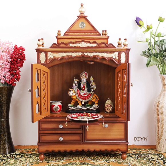 Space Large Wooden Temple / Big Size Pooja Mandir with door – Floor Rested Pooja Temple with Premium Gloss Finish / Made with 100% Teak Wood - Teak ply / Pooja Stand (Teak Gold) - Image 7