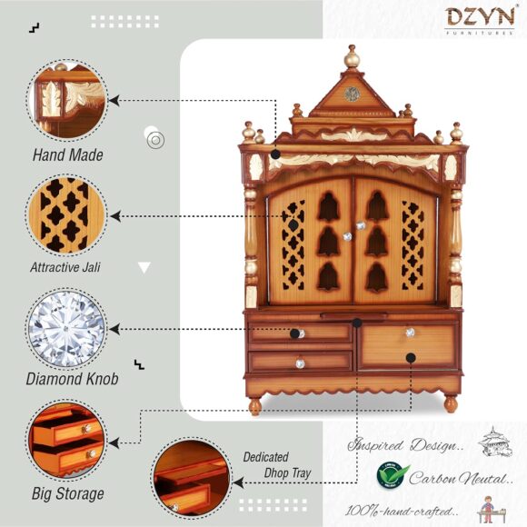 Space Large Wooden Temple / Big Size Pooja Mandir with door – Floor Rested Pooja Temple with Premium Gloss Finish / Made with 100% Teak Wood - Teak ply / Pooja Stand (Teak Gold) - Image 2