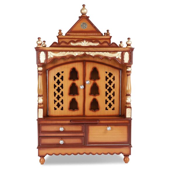 Space Large Wooden Temple / Big Size Pooja Mandir with door – Floor Rested Pooja Temple with Premium Gloss Finish / Made with 100% Teak Wood - Teak ply / Pooja Stand (Teak Gold) - Image 3