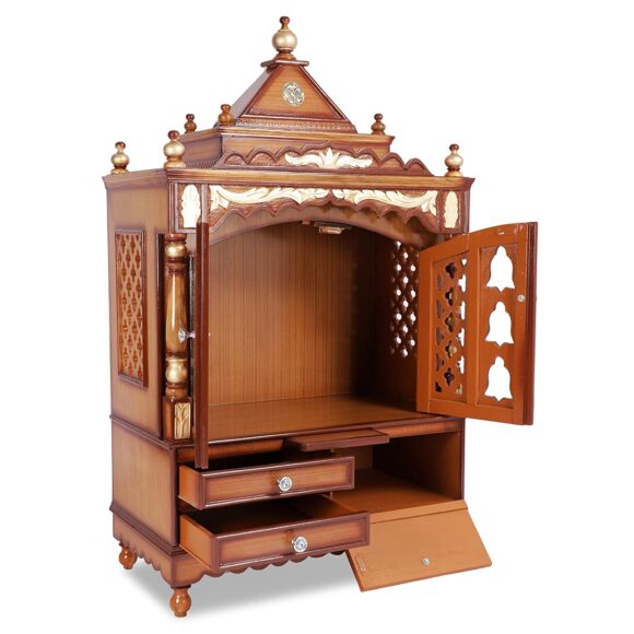 Space Large Wooden Temple / Big Size Pooja Mandir with door – Floor Rested Pooja Temple with Premium Gloss Finish / Made with 100% Teak Wood - Teak ply / Pooja Stand (Teak Gold) - Image 5