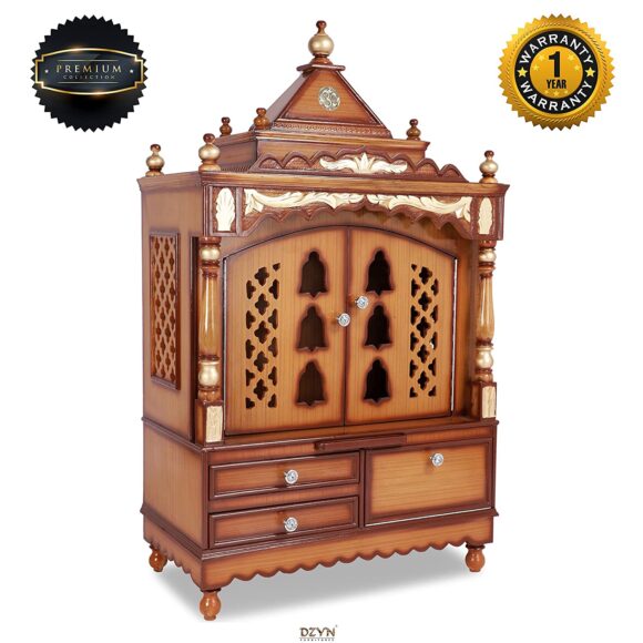Space Large Wooden Temple / Big Size Pooja Mandir with door – Floor Rested Pooja Temple with Premium Gloss Finish / Made with 100% Teak Wood - Teak ply / Pooja Stand (Teak Gold) - Image 6