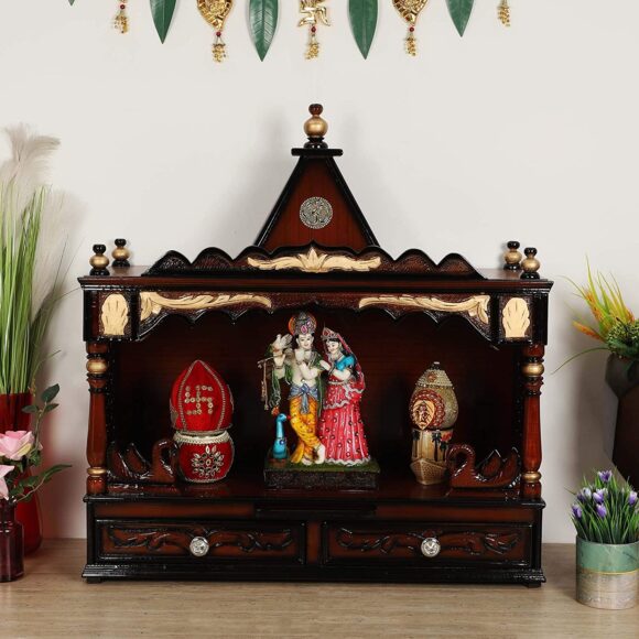 Large Teak Wood Pooja Mandir Wall Mounted / Floor Rested Wooden Temple / Pooja Temple Without Door / Handcrafted Pooja Temple for Home Wall Mount / Pooja Stand (Brown Gold)  home decor