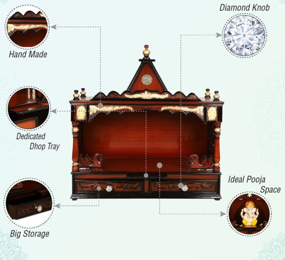 Large Teak Wood Pooja Mandir Wall Mounted / Floor Rested Wooden Temple / Pooja Temple Without Door / Handcrafted Pooja Temple for Home Wall Mount / Pooja Stand (Brown Gold)  home decor - Image 5