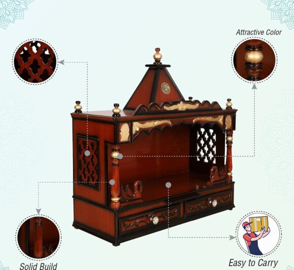 Large Teak Wood Pooja Mandir Wall Mounted / Floor Rested Wooden Temple / Pooja Temple Without Door / Handcrafted Pooja Temple for Home Wall Mount / Pooja Stand (Brown Gold)  home decor - Image 6