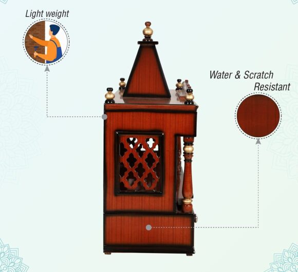 Large Teak Wood Pooja Mandir Wall Mounted / Floor Rested Wooden Temple / Pooja Temple Without Door / Handcrafted Pooja Temple for Home Wall Mount / Pooja Stand (Brown Gold)  home decor - Image 7