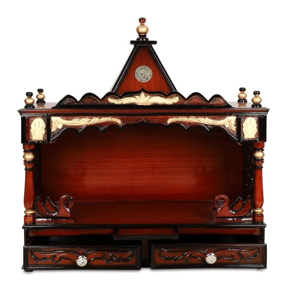 Large Teak Wood Pooja Mandir Wall Mounted / Floor Rested Wooden Temple / Pooja Temple Without Door / Handcrafted Pooja Temple for Home Wall Mount / Pooja Stand (Brown Gold)  home decor - Image 8