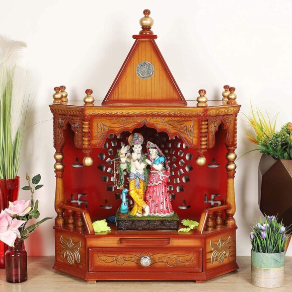 Solid Teak Wood Pooja Mandir Without Door / Wall Hanging Home Temple / Wall Mounted Wooden Temple / Hand Crafted Pooja Temple / Pooja Stand Without Doors (Teak Gold) - Image 2