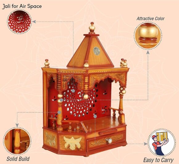 Solid Teak Wood Pooja Mandir Without Door / Wall Hanging Home Temple / Wall Mounted Wooden Temple / Hand Crafted Pooja Temple / Pooja Stand Without Doors (Teak Gold) - Image 5