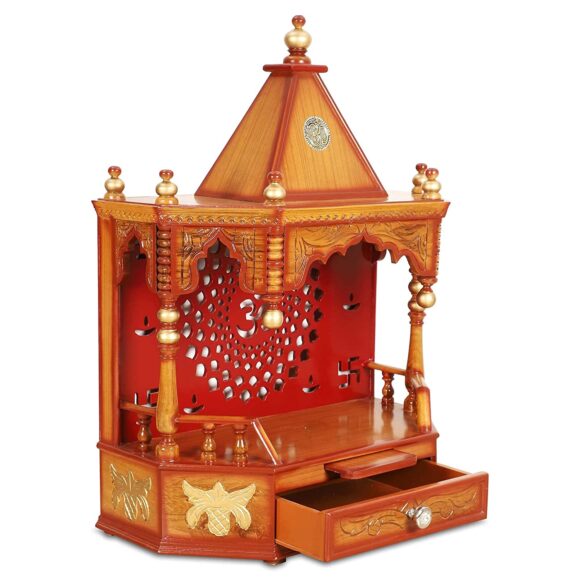 Solid Teak Wood Pooja Mandir Without Door / Wall Hanging Home Temple / Wall Mounted Wooden Temple / Hand Crafted Pooja Temple / Pooja Stand Without Doors (Teak Gold) - Image 6