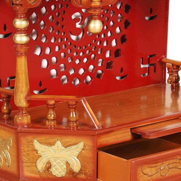 Solid Teak Wood Pooja Mandir Without Door / Wall Hanging Home Temple / Wall Mounted Wooden Temple / Hand Crafted Pooja Temple / Pooja Stand Without Doors (Teak Gold) - Image 3
